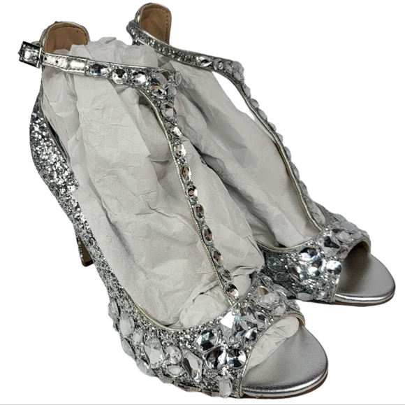 Jewel Badgley Mischka Conroy T-strap Evening Sandals Silver 7 - Picture 5 of 7